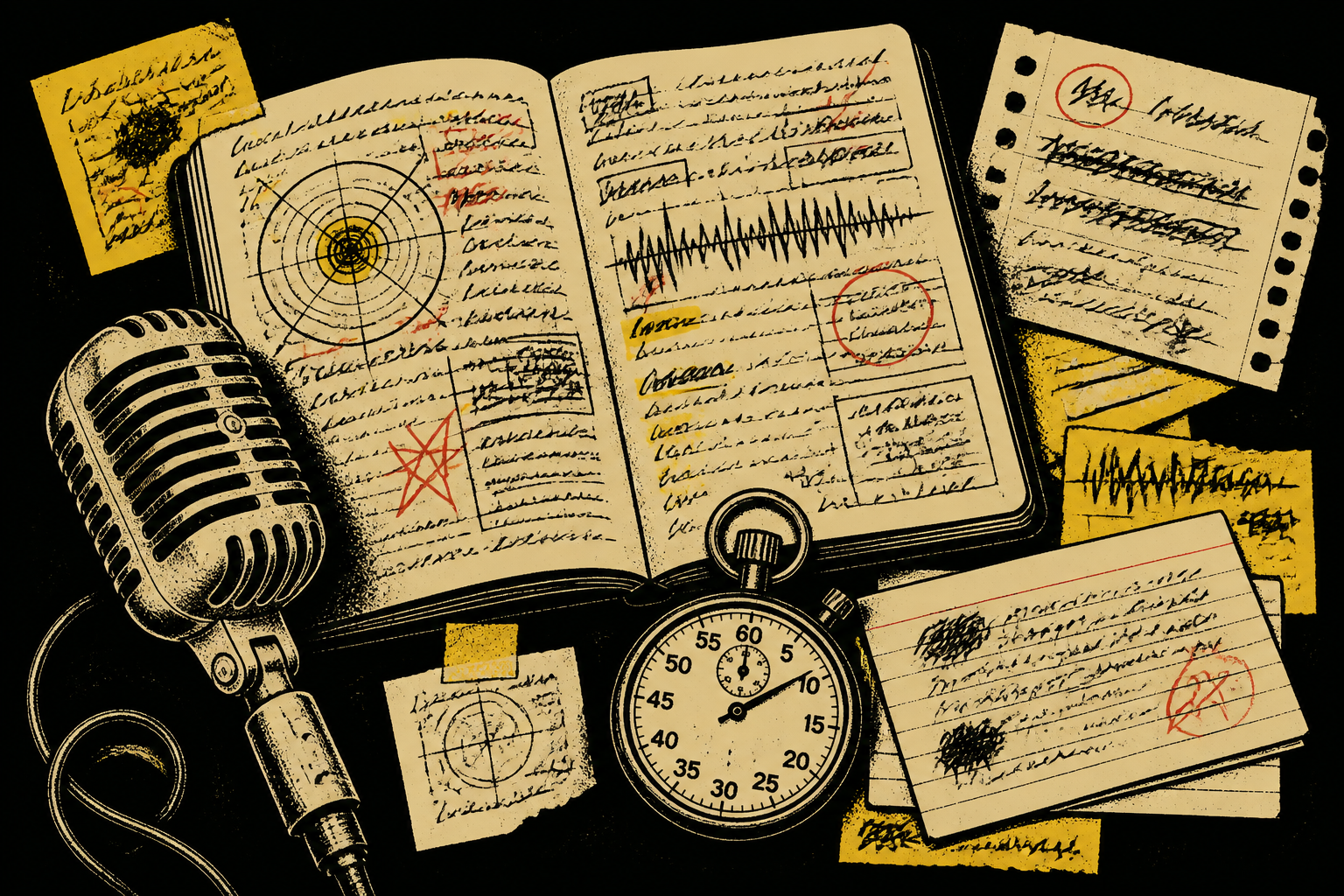 Cuaderno de entrenamiento de pitch con micrófono, cronómetro y tarjetas de objeciones